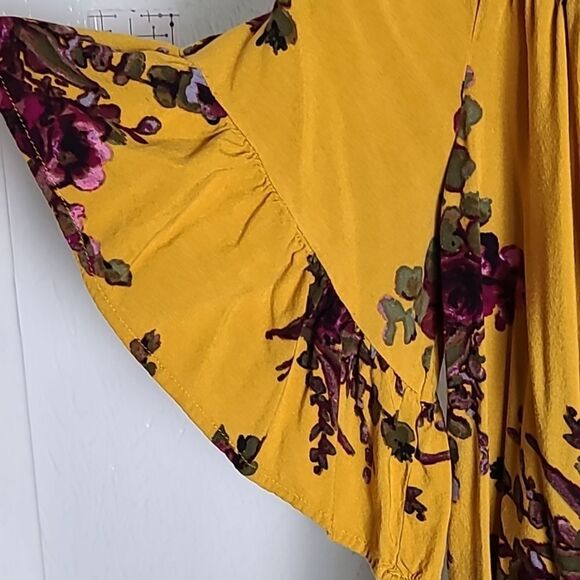 Terra & Sky Gold with Purple Flowers, Short Ruffled Bell Sleeves Tie Front Sz 1X - Picture 5 of 8
